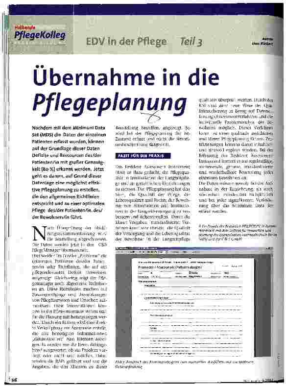Vorschauseite 1: Übernahme in die Pflegeplanung EDV in der Pflege, Teil 3