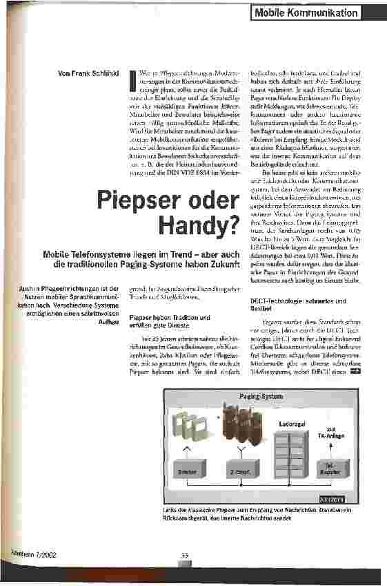 Vorschauseite 1: Piepser oder Handy? Mobile Telefonsysteme liegen im Trend - aber auch die traditionellen Paging-Systeme haben Zukunft