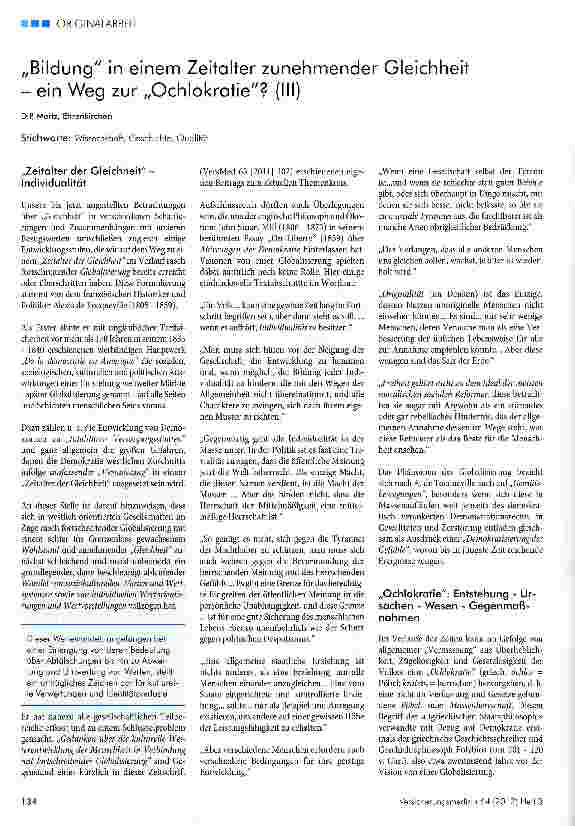 Vorschauseite 1: „Bildung in einem Zeitalter zunehmender Gleichheit - ein Weg zur „Ochlokratie?