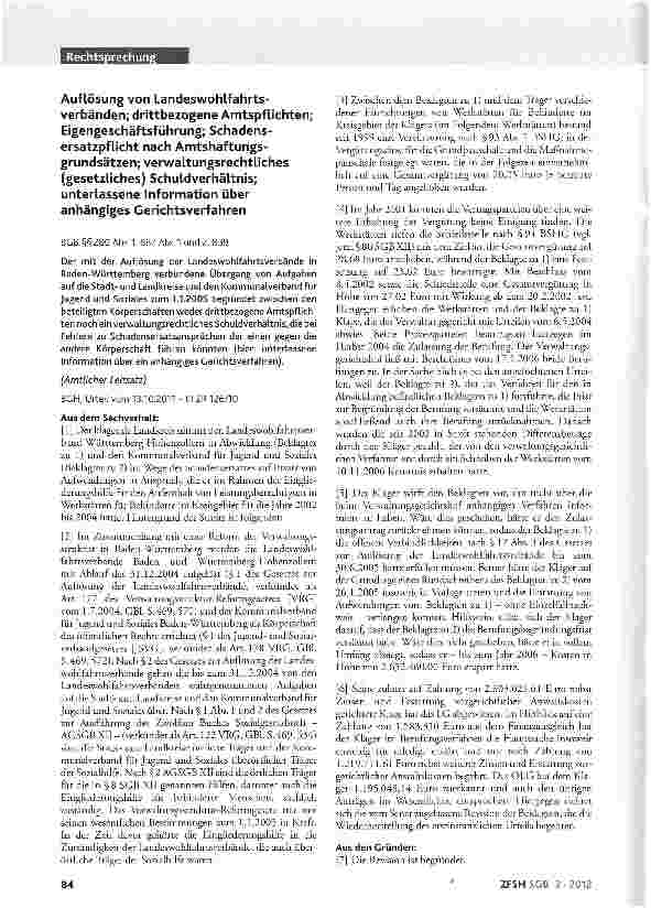 Vorschauseite 1: Auflösung von Landeswohlfahrtsverbänden; drittbezogene Amtspflichten; Eigengeschäftsführung; Schadensersatzpflicht nach Amtshaftungsgrundsätzen; verwaltungsrechtliches (gesetzlich…