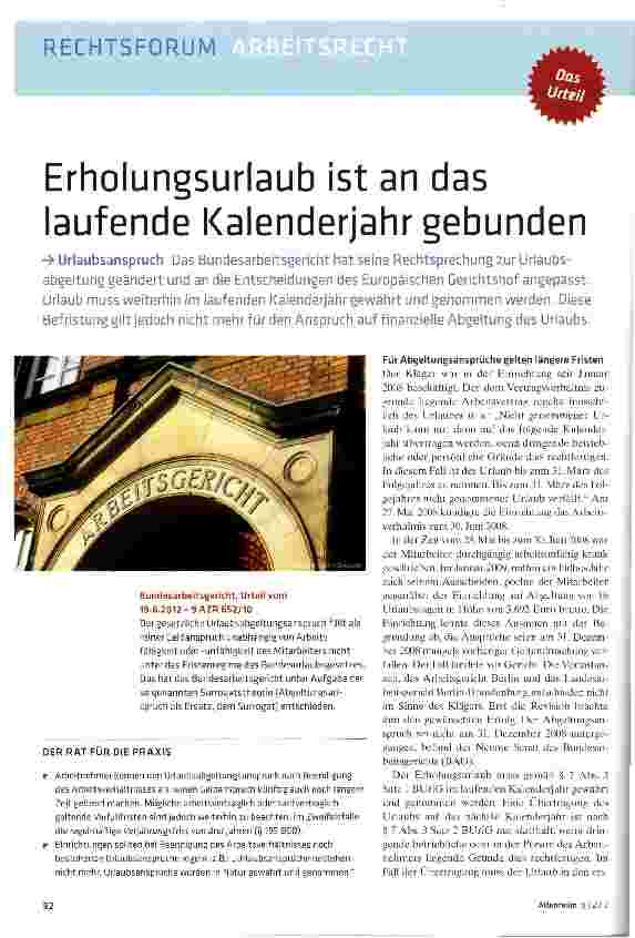 Vorschauseite 1: Erholungsurlaub ist an das laufende Kalenderjahr gebunden