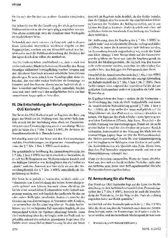 Vorschauseite 4: Versprechen eines kostenlosen iPads bei Umsatzsteigerung durch eigene Produkte verstößt gegen § 7 Abs. 1 S. 1 HWG § 7 Abs. 1 S. 1 HWG