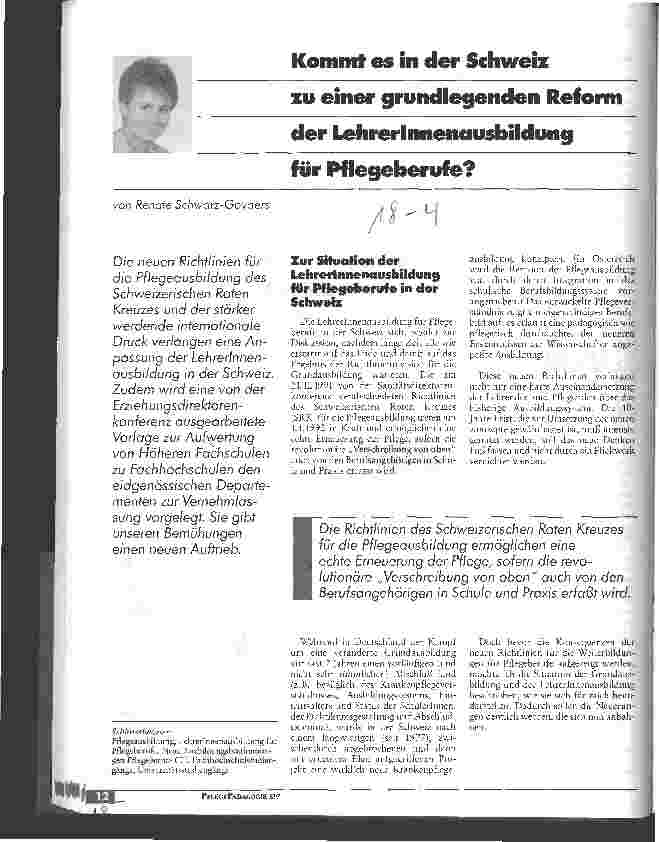 Vorschauseite 1: Kommt es in der Schweiz zu einer grundlegenden Reform der LehrerInnenausbildung für Pflegeberufe