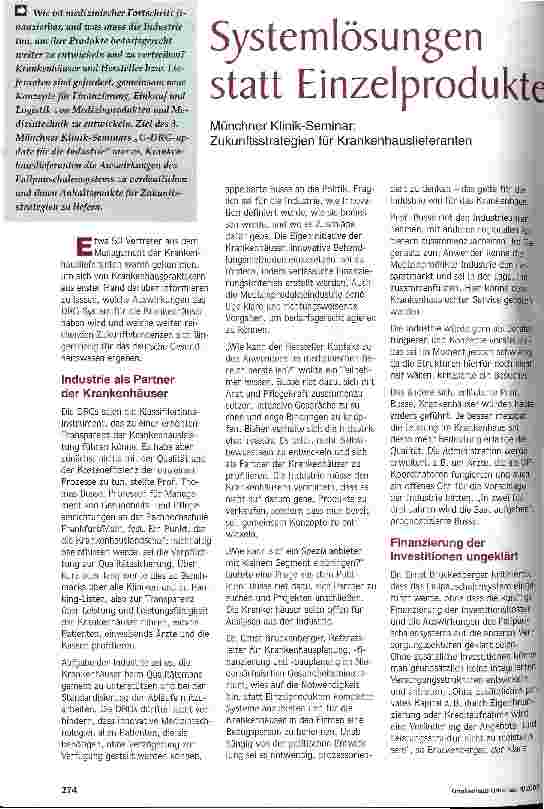 Vorschauseite 1: Systemlösungen statt Einzelprodukte Münchner Klinik-Seminar: Zukunftsstrategien für Krankenhauslieferanten