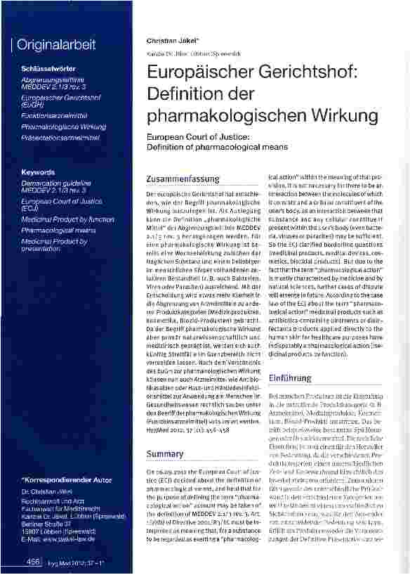 Vorschauseite 1: Europäischer Gerichtshof: Definition der pharmakologischen Wirkung