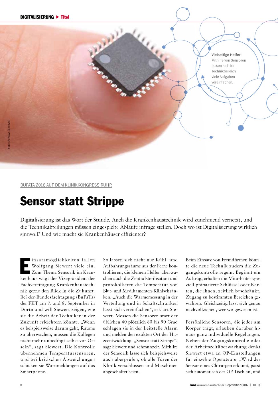 Vorschauseite 1: BuFaTa 2016 auf dem Klinikkongress Ruhr: Sensor statt Strippe