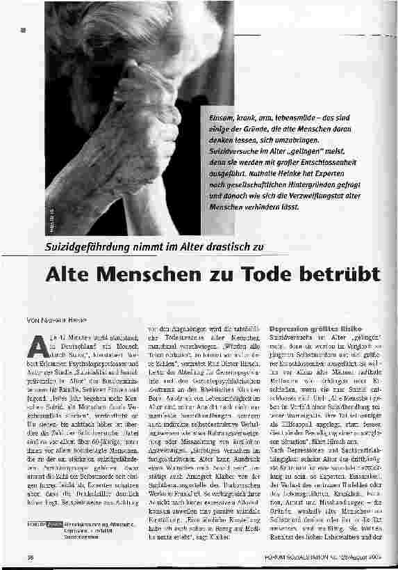 Vorschauseite 1: Alte Menschen zu Tode betrübt Suizidgefährdung nimmt im Alter drastisch zu