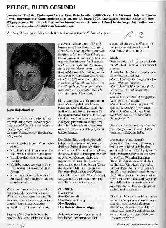 Vorschauseite 1: Pflege, bleib gesund! Vortrag 10. Gießener Int. Fortbildungstage, März 1993