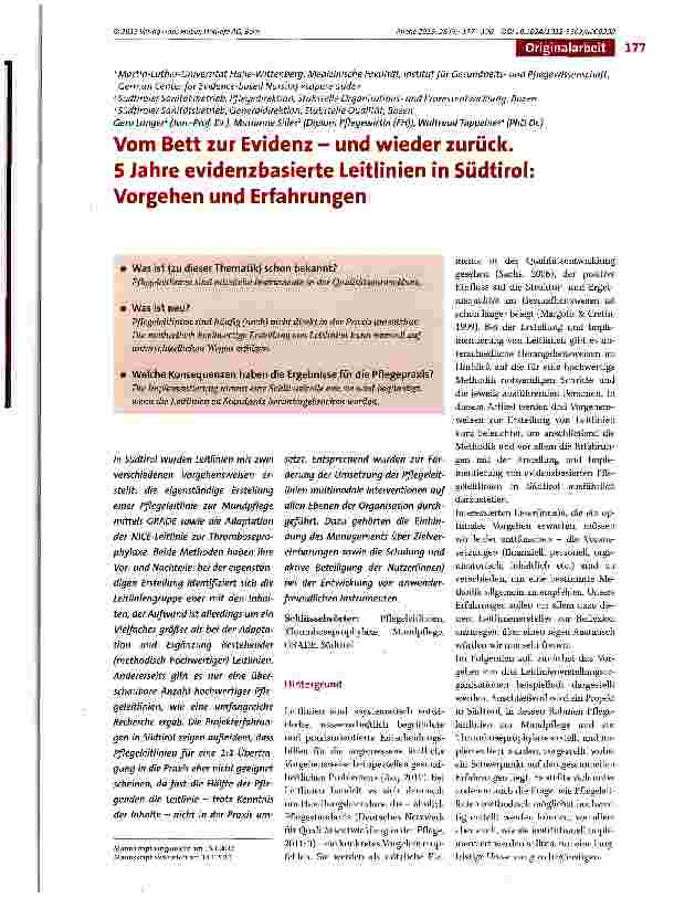 Vorschauseite 1: Vom Bett zur Evidenz - und wieder zurück. 5 Jahre evidenzbasierte Leitlinien in Südtirol: Vorgehen und Erfahrungen