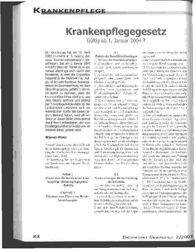 Vorschauseite 1: Krankenpflegegesetz Gültig ab 1. Januar 2004?