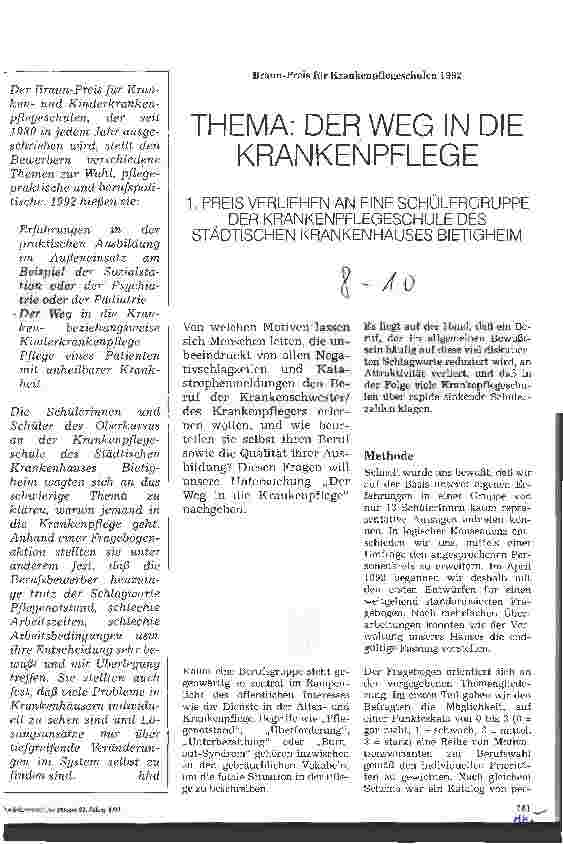 Vorschauseite 1: Thema: Der Weg in die Krankenpflege 1.Preis verliehen an eine Schülergruppe der Krankenpflegeschule Bietigheim