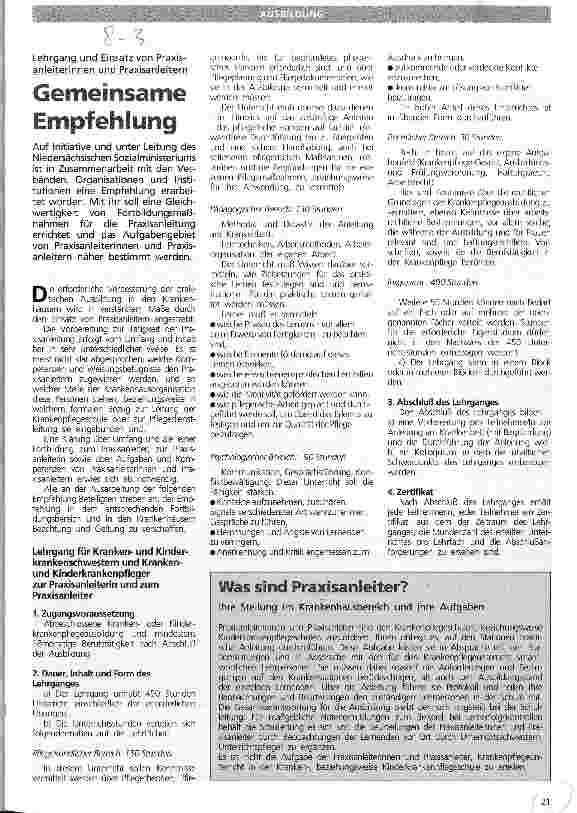 Vorschauseite 1: Gemeinsame Empfehlung Lehrgang und Einsatz von Praxisanleiterinnen und Praxisanleitern