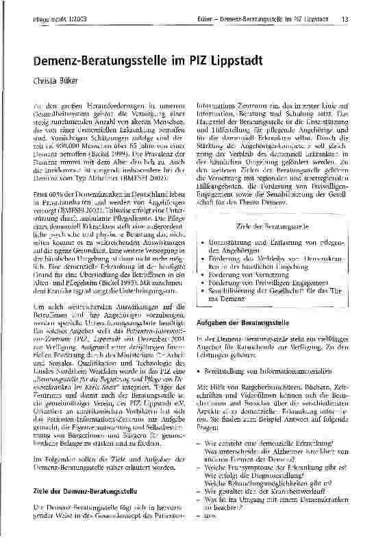 Vorschauseite 1: Demenz-Beratungsstelle im PIZ Lippstadt