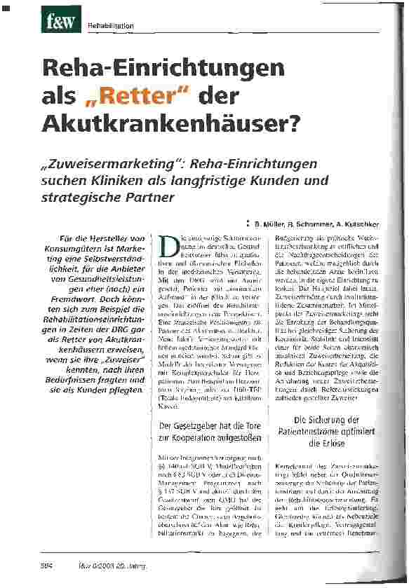 Vorschauseite 1: Reha-Einrichtungen als Retter der Akutkrankenhäuser? Zuweisermarketing: Reha-Einrichtungen suchen Kliniken als langfristige Kunden und stratgegische Partner