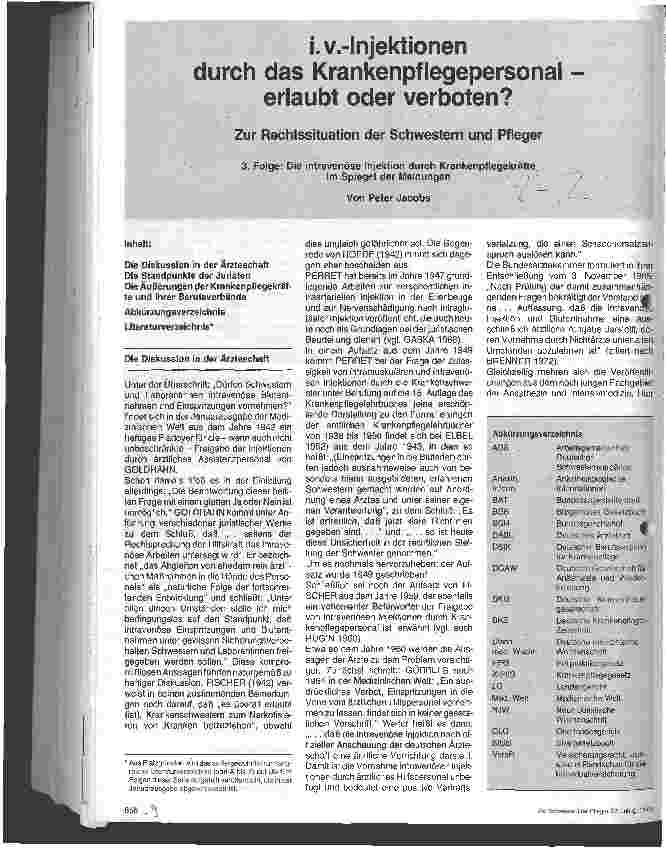Vorschauseite 1: i.v.-Injektionen durch das Krankenpflegepersonal-erlaubt o. verboten 3. Folge: Die intravenöse Injektion durch Krankenpflegekräfte