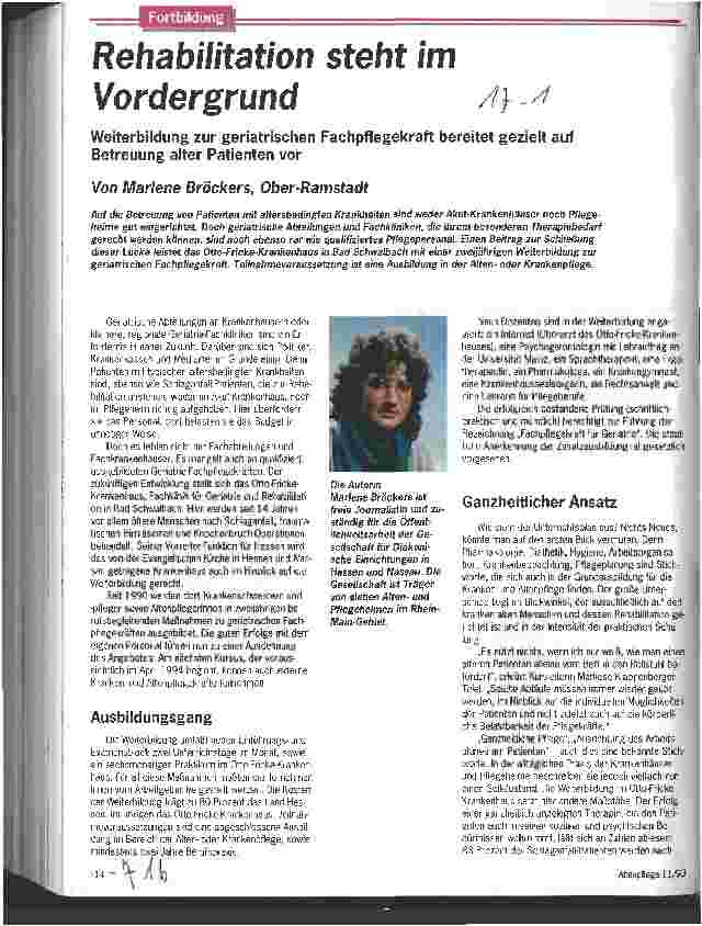 Vorschauseite 1: Rehabilitation steht im Vordergrund Weiterbildung zur geriatrischen Fachpflegekraft bereitet gezielt auf Betreuung alter Menschen vor