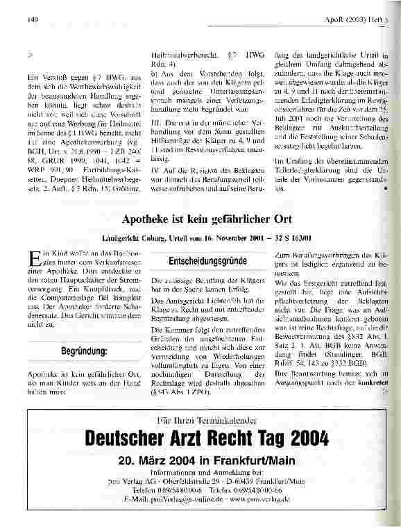 Vorschauseite 1: Apotheke ist kein gefährlicher Ort Landgericht Coburg, Urteil vom 16. November 2001