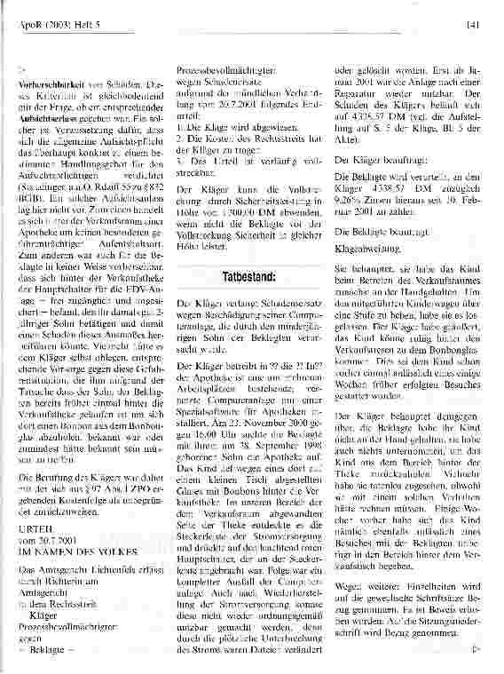 Vorschauseite 2: Apotheke ist kein gefährlicher Ort Landgericht Coburg, Urteil vom 16. November 2001