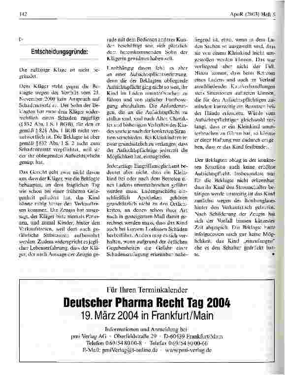 Vorschauseite 3: Apotheke ist kein gefährlicher Ort Landgericht Coburg, Urteil vom 16. November 2001