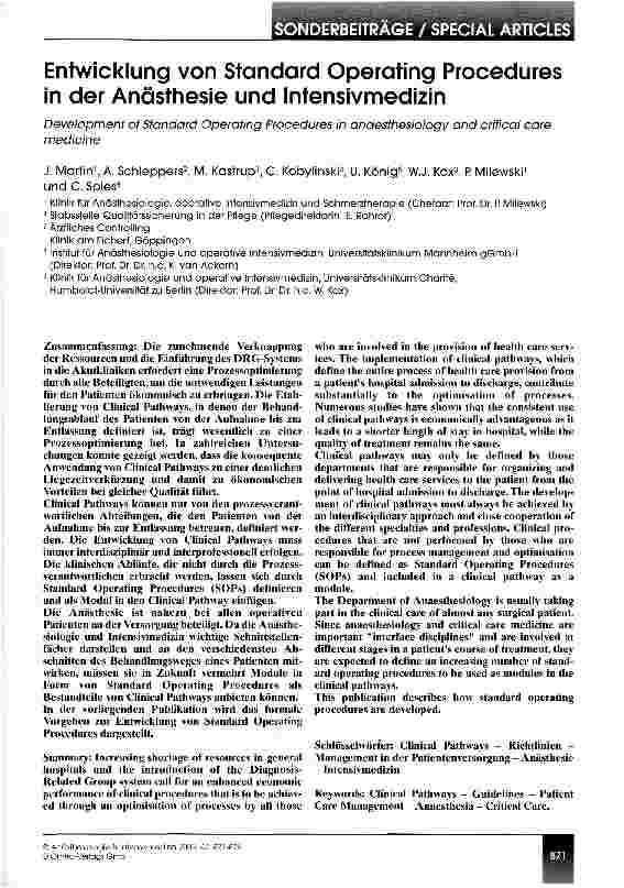 Vorschauseite 1: Entwicklung von Standard Operating Procedures in der Anästhesie und Intensivmedizin