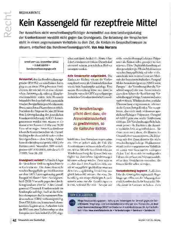 Vorschauseite 1: Kein Kassengeld für rezeptfreie Mittel
