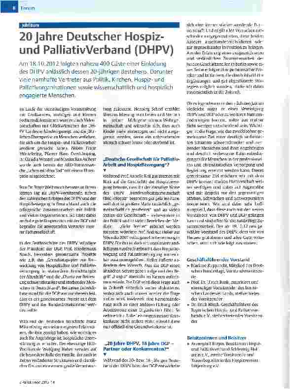 Vorschauseite 1: Jubiläum 20 Jahre Deutscher Hospiz-und PalliativVerband (DHPV)