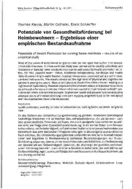 Vorschauseite 1: Potenziale von Gesundheitsförderung bei Heimbewohnern - Ergebnisse einer empirischen Bestandsaufnahme
