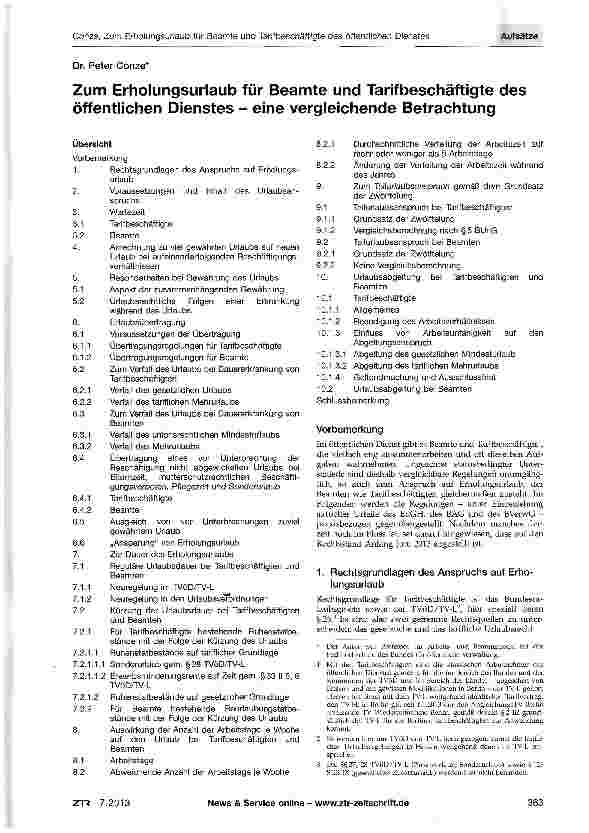 Vorschauseite 1: Zum Erholungsurlaub für Beamte und Tarifbeschäftigte des öffentlichen Dienstes - eine vergleichende Betrachtung