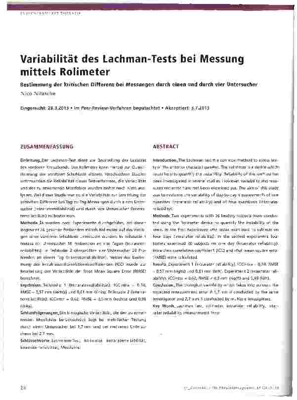 Vorschauseite 1: Variabilität des Lachman-Tests bei Messung mittels Rolimeter