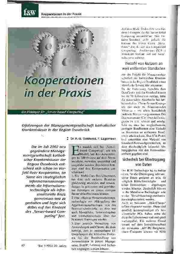 Vorschauseite 1: Kooperationen in der Praxis: Ein Plädoyer für Server-based Computing Erfahrungen der Managementgesellschaft katholischer Krankenhäuser in der Region Osnabrück
