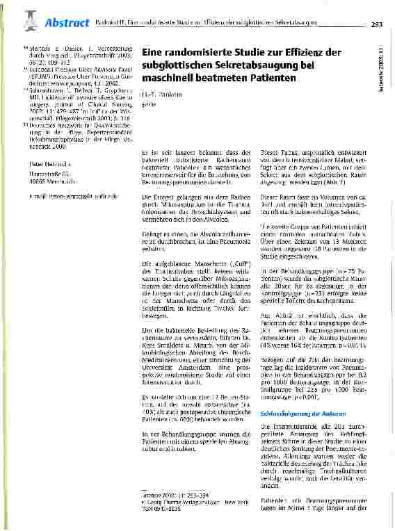 Vorschauseite 1: Eine randomisierte Studie zur Effizienz der subglottischen Sekretabsaugung bei maschinell beatmeten Patienten