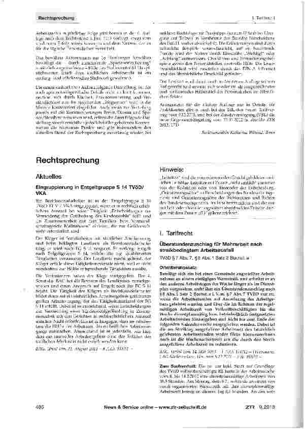 Vorschauseite 1: Überstundenzuschlag für Mehrarbeit nach streikbedingtem Arbeitsausfall TVöD § 7 Abs. 7, § 8 Abs. 1 Satz 2 Buchst, a