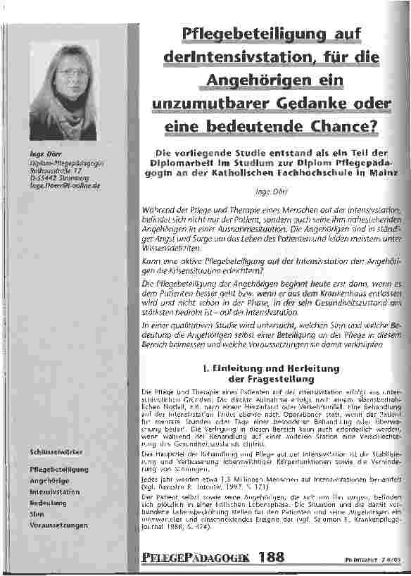 Vorschauseite 1: Pflegebeteiligung auf der Intensivstation, für die Angehörigen ein unzumutbarer Gedanke oder eine bedeutende Chance?