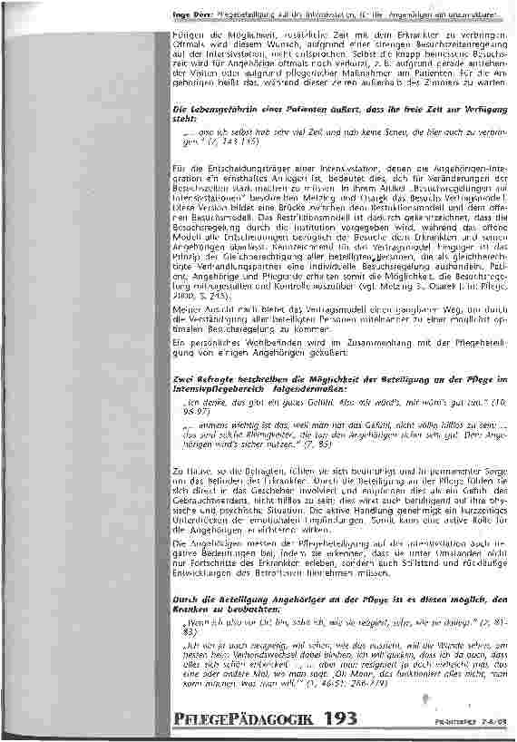 Vorschauseite 6: Pflegebeteiligung auf der Intensivstation, für die Angehörigen ein unzumutbarer Gedanke oder eine bedeutende Chance?