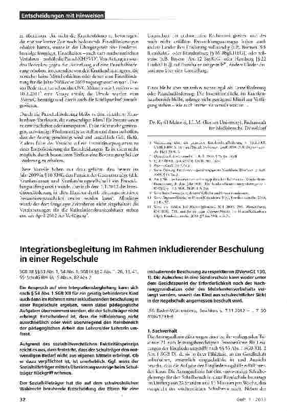 Vorschauseite 1: Integrationsbegleitung im Rahmen inkludierender Beschulung in einer Regelschule :§2 Abs.1, 26, 33,41,SGBXII §§53 Abs. 1, 54 Abs. 1; SGB IX 55; SchuIG BW §§ 15 Abs.4, 82 Abs.2