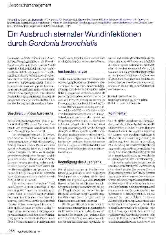 Vorschauseite 1: Ein Ausbruch sternaler Wundinfektionen d u rc h Gordonia bronchialis