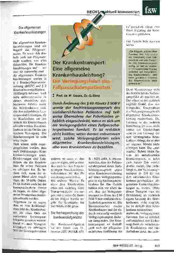 Vorschauseite 1: Der Krankentransport: Eine allgemeine Krankenhausleistung? Die Verlegungsfahrt des Fallpauschalenpatienten