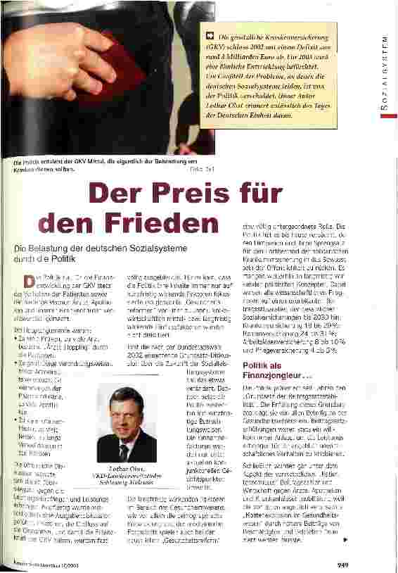 Vorschauseite 1: Der Preis für den Frieden Die Belastung der deutschen Sozialsysteme durch die Politik