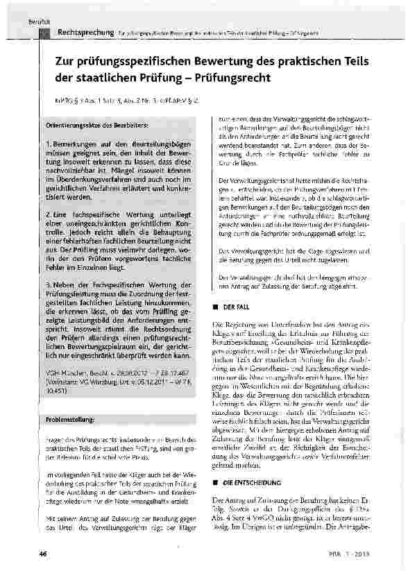 Vorschauseite 1: Zur prüfungsspezifischen Bewertung des praktischen Teils der staatlichen Prüfung - Prüfungsrecht KrPflG § 3 Abs. 1 Satz 3, Abs. 2 Nr. 3; KrPflAPrV § 2