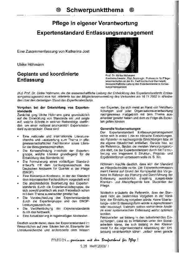 Vorschauseite 1: Expertenstandard Entlassungsmanagement: Geplante und koordinierte Entlassung, U. Höhmann Eine Zusammenfassung