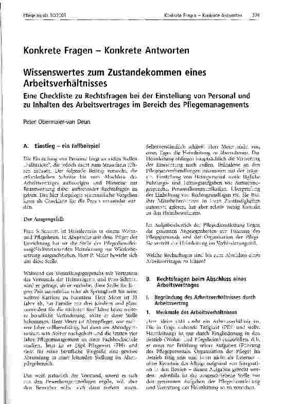 Vorschauseite 1: Wissenswertes zum Zustandekommen eines Arbeitsverhältnisses Eine Checkliste zu Rechtsfragen bei der Einstellung von Personal und zu Inhalten des Arbeitsvertrages im Bereich des Pf…