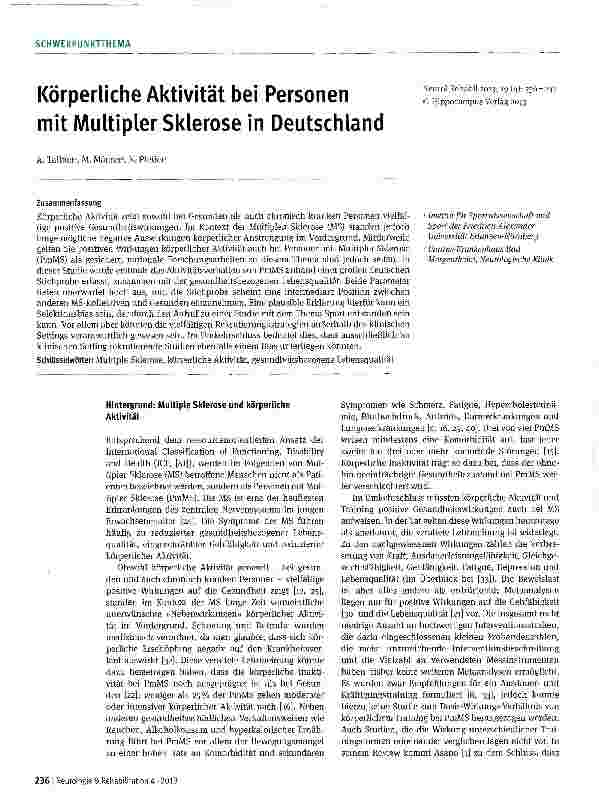 Vorschauseite 1: Körperliche Aktivität bei Personen mit Multipler Sklerose in Deutschland