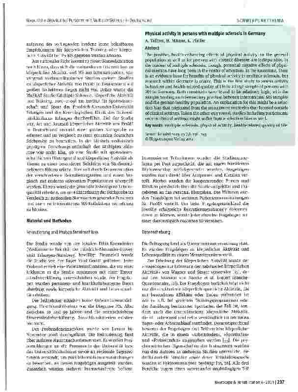 Vorschauseite 2: Körperliche Aktivität bei Personen mit Multipler Sklerose in Deutschland