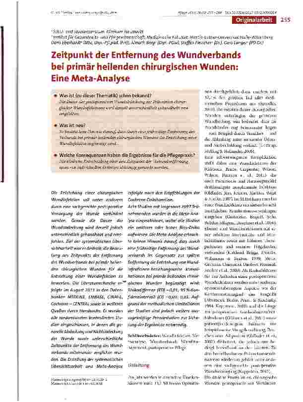 Vorschauseite 1: Zeitpunkt der Entfernung des Wundverbands bei primär heilenden chirurgischen Wunden: Eine Meta-Analyse