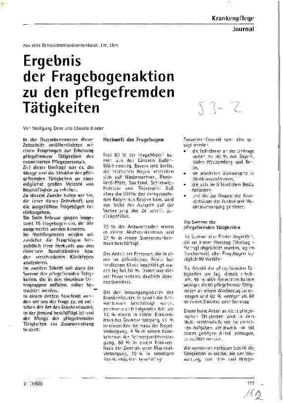 Vorschauseite 1: Ergebnis der Fragebogenaktion zu den pflegefremden Tätigkeiten Aus dem Rehabilitationskrankenhaus Ulm