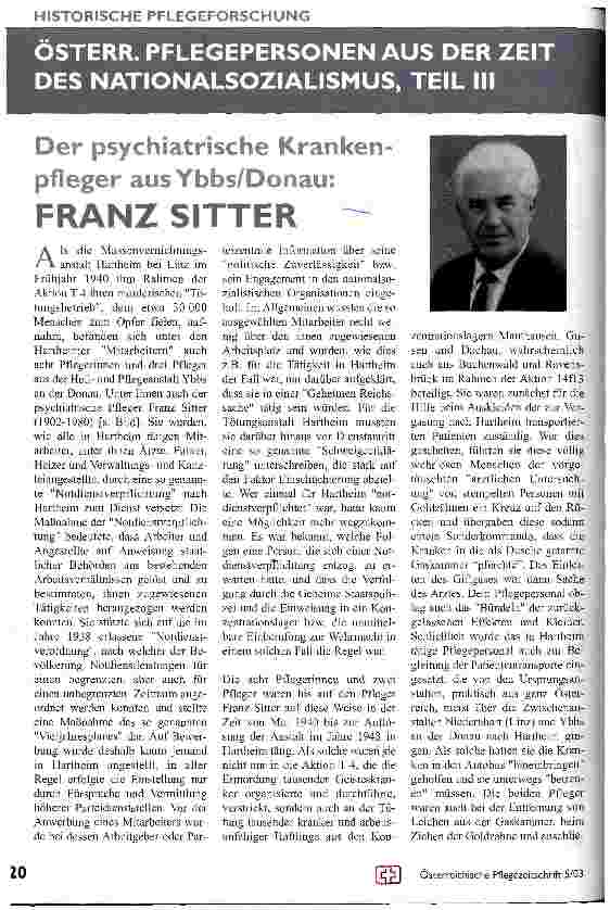 Vorschauseite 1: Österr. Pflegepersonen aus der Zeit des Nationalsozialismus, Teil 3 Der psychiatrische Krankenpfleger aus Ybbs/Donau: Franz Sitter