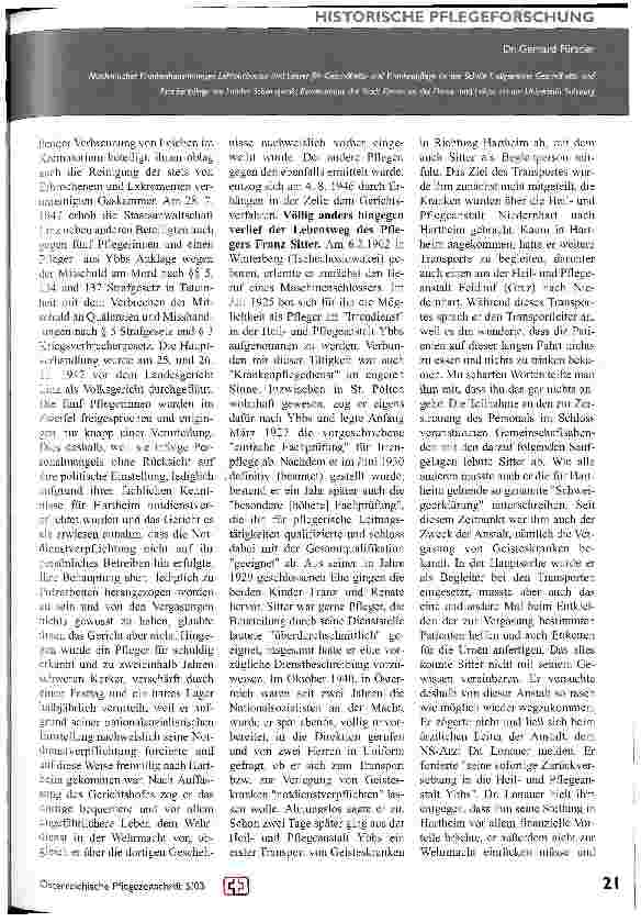 Vorschauseite 2: Österr. Pflegepersonen aus der Zeit des Nationalsozialismus, Teil 3 Der psychiatrische Krankenpfleger aus Ybbs/Donau: Franz Sitter
