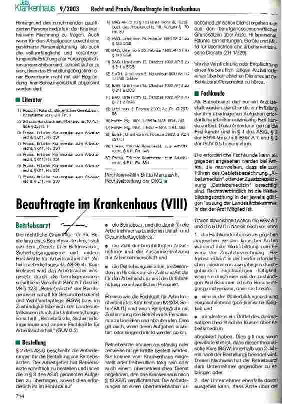 Vorschauseite 1: Beauftragte im Krankenhaus (VIII) Betriebsarzt