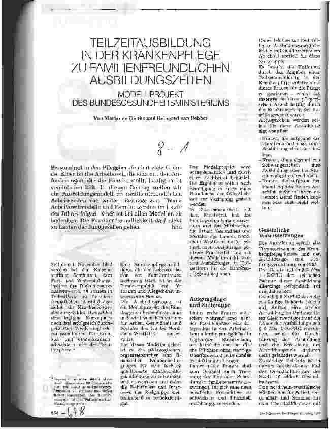 Vorschauseite 1: Teilzeitausbildung in der Krankenpflege zu familienfreundlichen Ausbil dungszeiten Modellprojekt d. Bundesgesundheitsministeriums