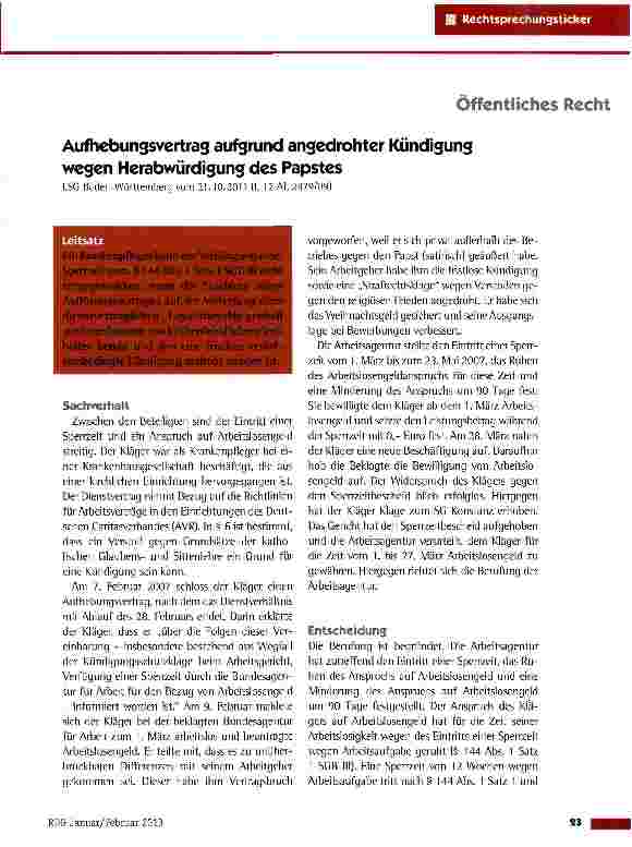 Vorschauseite 1: Aufhebungsvertrag aufgrund angedrohter Kündigung wegen Herabwürdigung des PapstesLSG Baden-Württemberg vom 21.10.2011 (L 12 AI 2879/09)